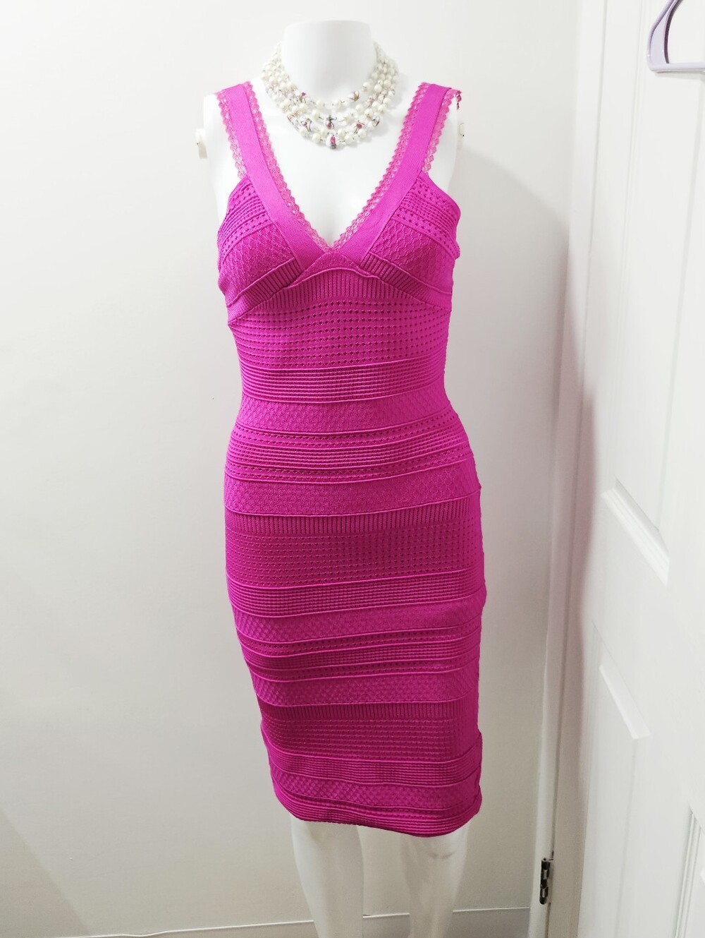 BEBE Hot Pink Pointelle Knit Lace Trim Bandage Bodycon Dress XS